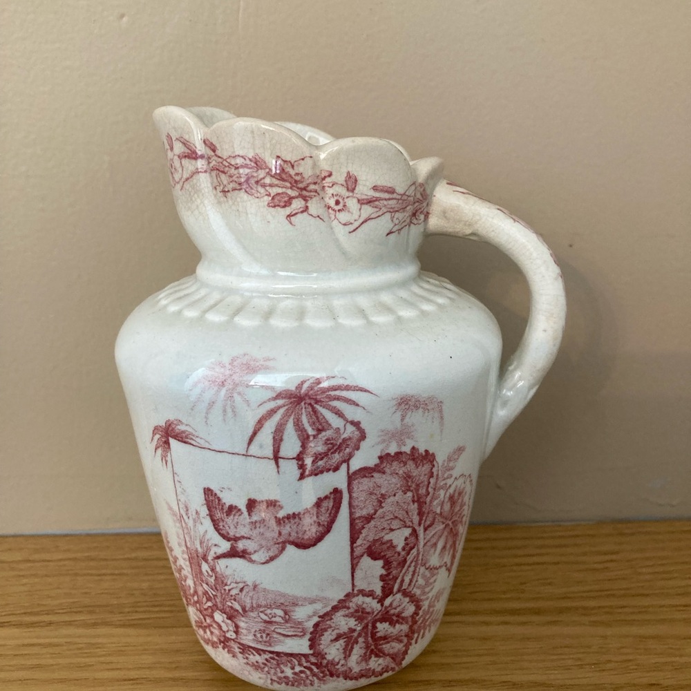 English transferware pitcher "Essex" pattern by Emery, mid-1800s.